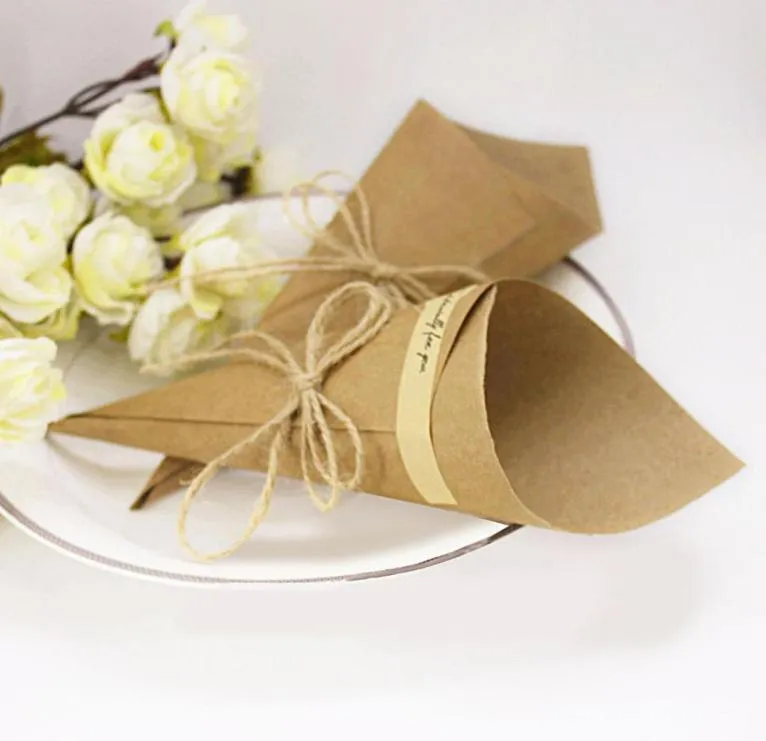 Behogar 100 PCS Retro Kraft Paper Cones Bouquet Candy Bags Boxes Wedding Party Gift Packing With Ropes Label4756494