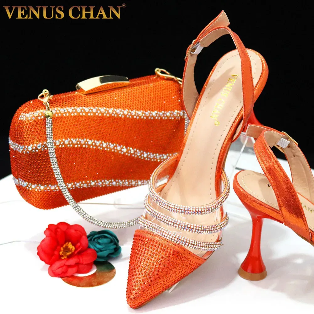 Chan Est Ins Style Orange Color Elegante High Heels Nigeria Design afrikanische Damenschuhe und Bag Set 240321