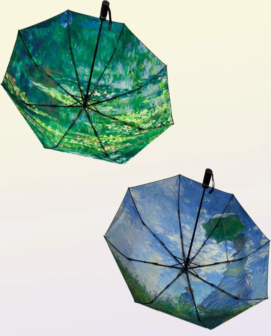 Guarda -chuvas les meule claude monet pintura de óleo guarda -chuva para mulheres chuva automática sol portátil à prova de vento 3fold2081679