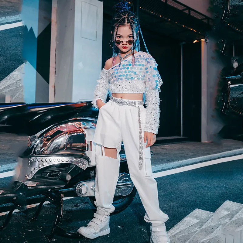 Sequin Pants Outfit: Girls Hollow Top Sparkling Pants Set For