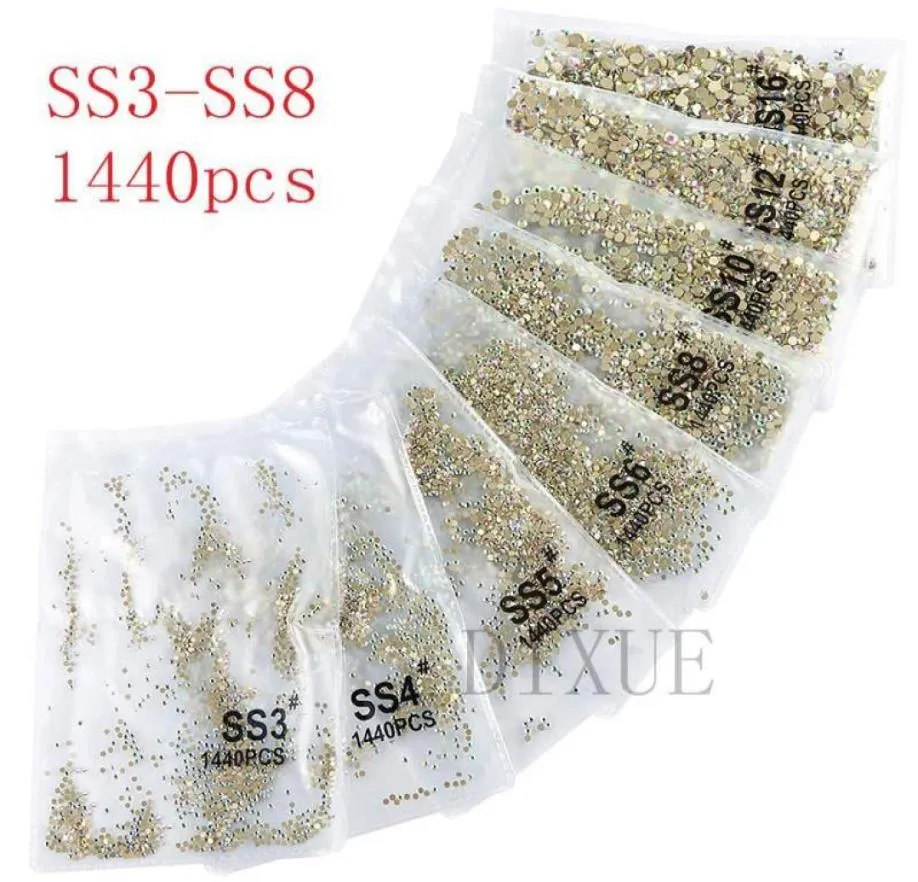 SS3SS8 1440PCS CRISTAL CLARO AB GOLD FLACK 3D NÃO Fix Decorações de arte de unhas planas planas strass para roupas 07313696826