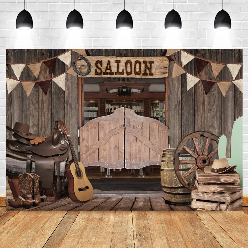 SVBright Western Backdrop 5Wx3H Cowboy Birthday Banner Wild West Horse Barn Door Old Wood Wheels Green Leaves Garage Door Boy Man Decorations Photography Background Banner Photo Booth Studio