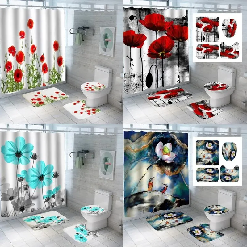 Shower Curtains Tulip Lotus Flower Curtain Set Watercolor Floral Plant Bird Bathroom Non-Slip Bath Mat Pedestal Rug Toilet Cover