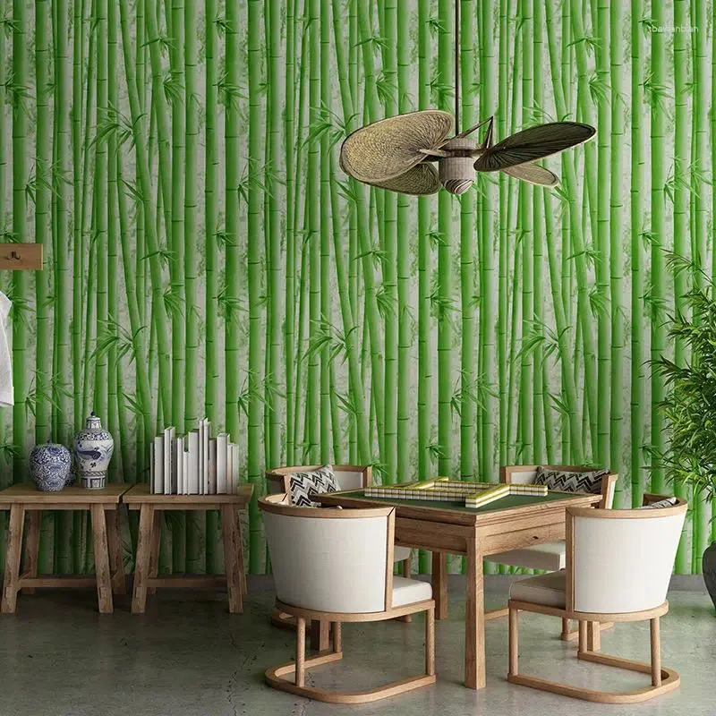 Wallpapers Chinees 3d stereo groen bos bamboe behang restaurant Studie theehouse woonkamer pvc waterdichte muurstickers houten graan