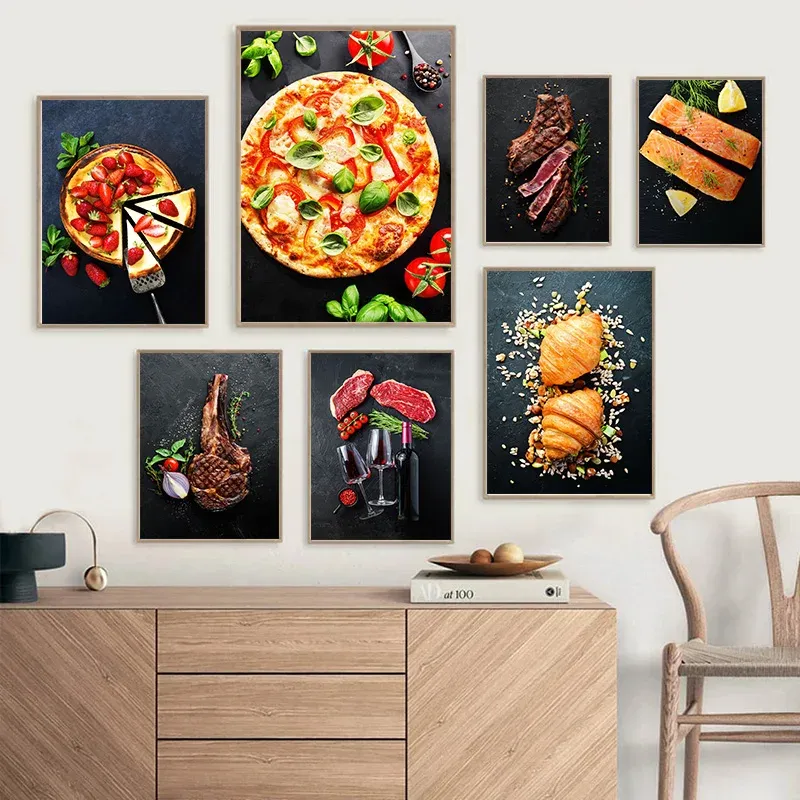 Köstliches Essen Pizza Steak Hamburger Wein Vinatge Poster Leinwand Malerei Küchenwandkunst für Restaurant Wohnzimmer Wohnkultur