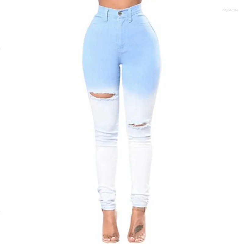 Женские джинсы с синим и белым градиентом с высокой талией с высокой талией.