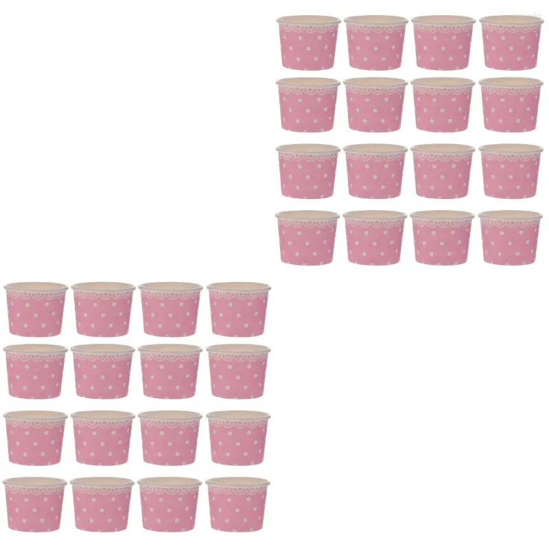 Disposable Cups Straws 100 Pcs Round Container Lid Ice Cream Pudding Paper Dessert Jelly Pink