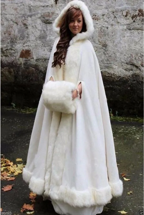 Weiße Elfenbein Brautum Cape Hochzeit Umhang mit Kapuze mit Kunstfell Trim warmer erwachsener Winter für Winter Brauthülle Capes Poncho7180306