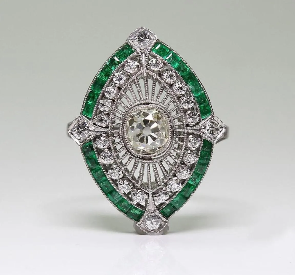Antique Art Deco 925 STERLING Silver Emerald White Sapphire Floral Engagement Party Taille Anniversaire Giftary Day US 5 129307030