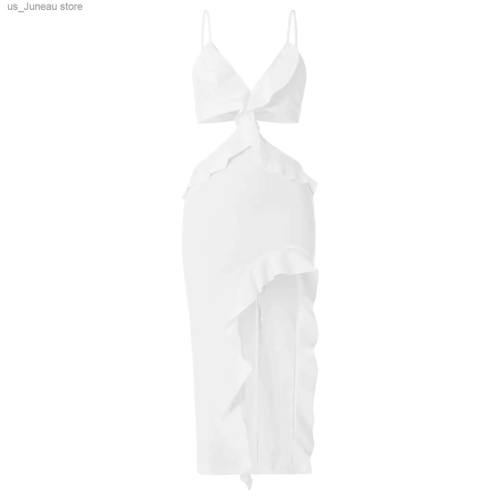 Basic Casual Kleider Gaono Womens Summer Sattel Cocktailkleid weiße slveless unregelmäßige Rüde Hollow Party Kleid Clubwear Y2K Strtwear 1 T240415