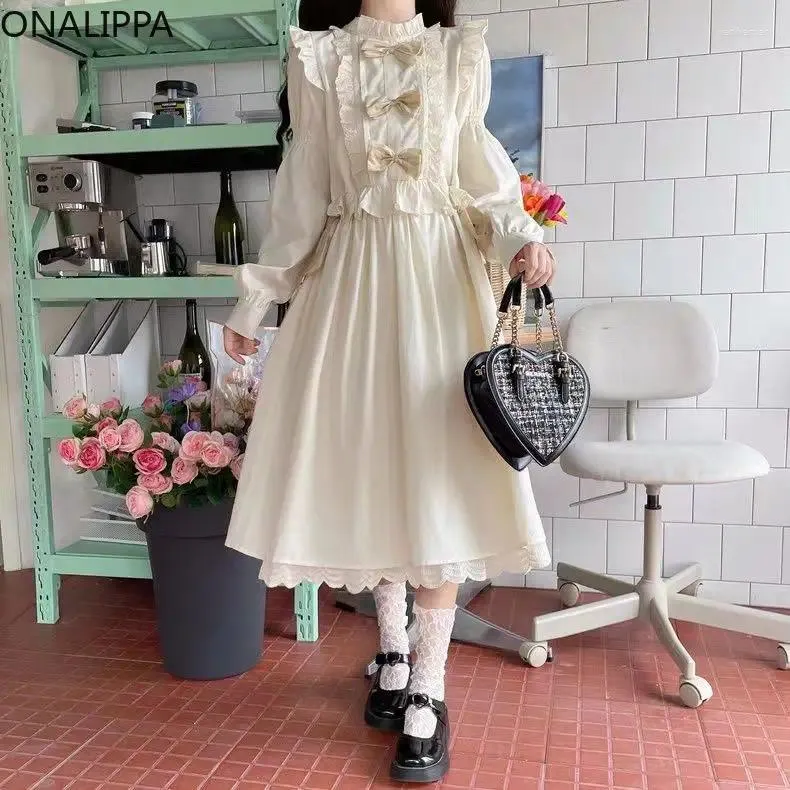 Lässige Kleider Onalippa süße Bögen Rüschenkleid mit Kawaii hohe Taille Langarmes Preppy Style Chic Design A Line Vestidos