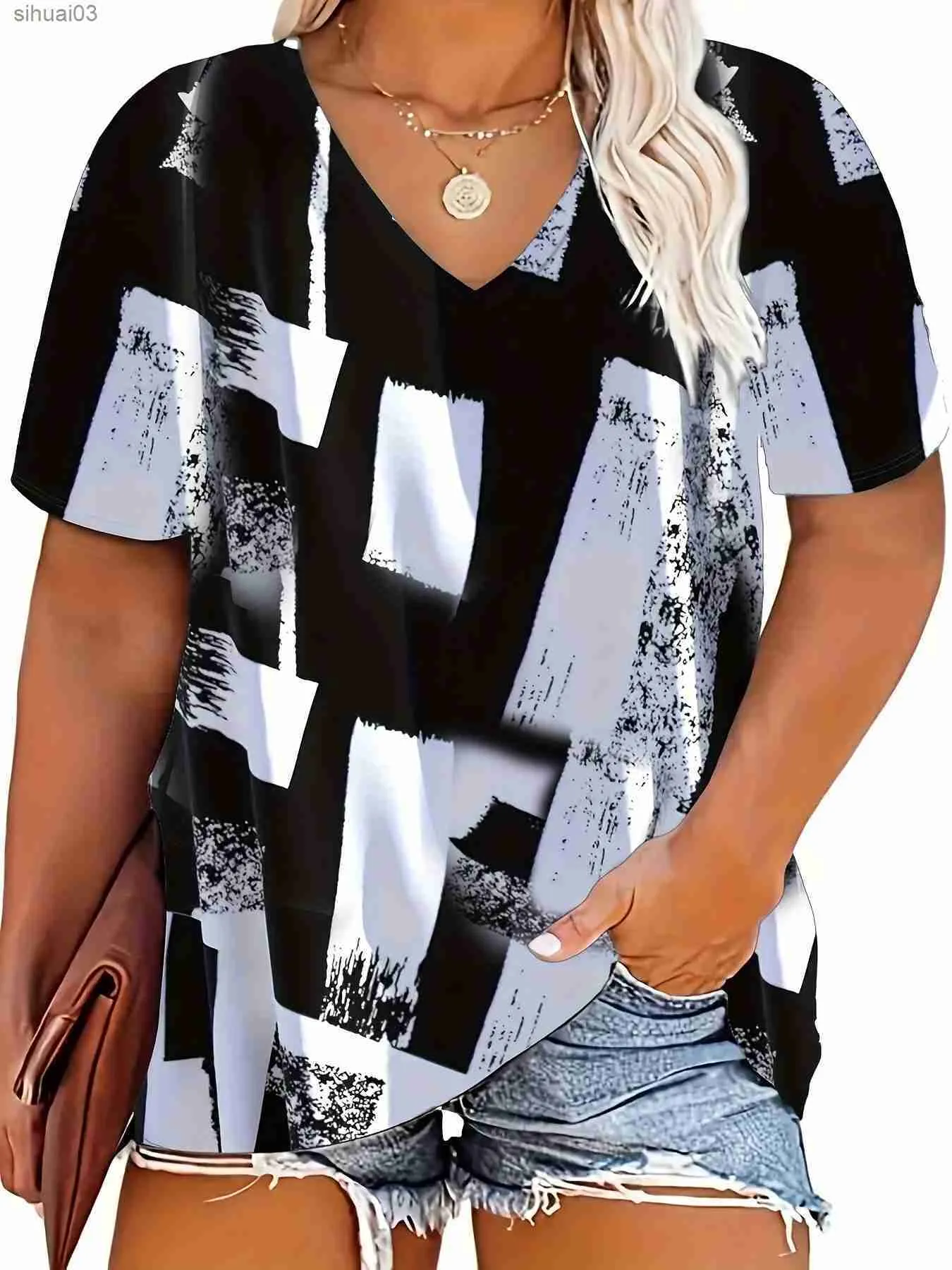 Women's T-Shirt Plus Size Women Colorblock T-shirtL2403