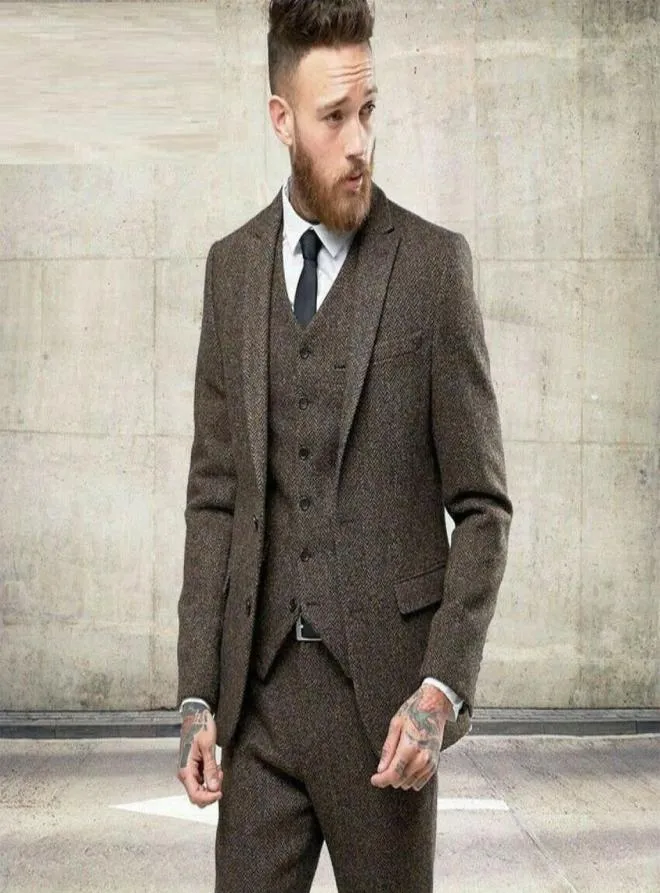 Anpassad Tweed Wool Brown Herringbone Men Passar British Style Modern Blazer 3 Pieces Men Suits Jacketpantsvest1740211