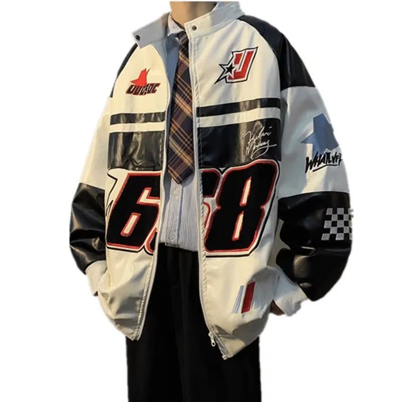 ☆【BITTER CELLS】☆Vintage Racing Leather Jacket(Overfi.t) High Street Vintage Leather Racing bomber jacket for Men