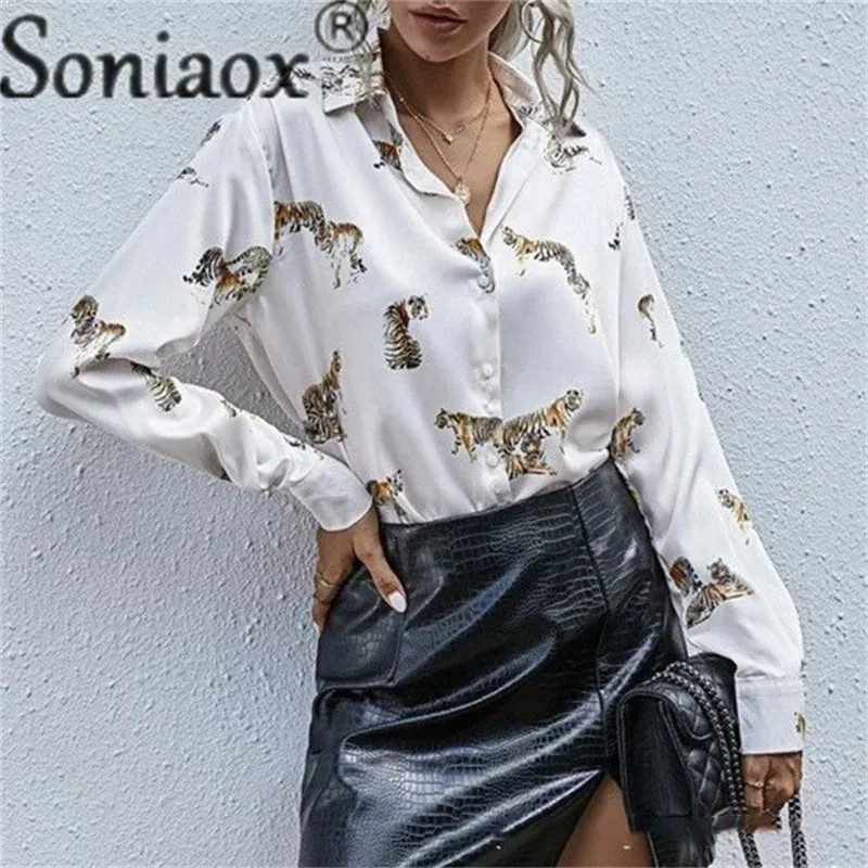 Elegant Style Tiger Print Shirt Women's Lapel Long Sleeve Single-breasted Cardigan Tops Ladies Commuter Loose Blouse Large Size