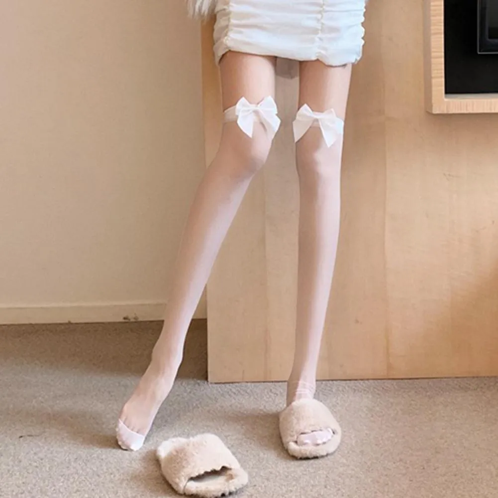 thumbnail image 2 of Bow Thigh High Stockings Smooth Mesh Over The Knee Socks 2 of 10