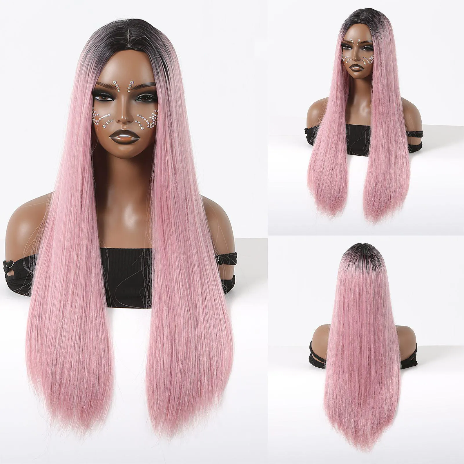 Ombre Pink Synthetic Wig Straight Middle Part Heat Resistant 