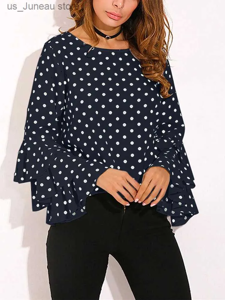 Kvinnors blusar skjortor 5xl plus size polka dot womens topps and bluses casual long lantern slve o nacke löst kvinnlig tunika 2023 sommarhöst pullover t240412