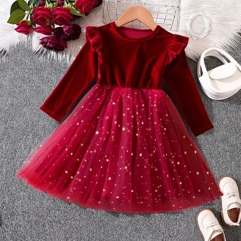 3-8-year-old girls Christmas dress long sleeved childrens autumn and winter  princess dress childrens Christmas and Year party red/green dress 241111