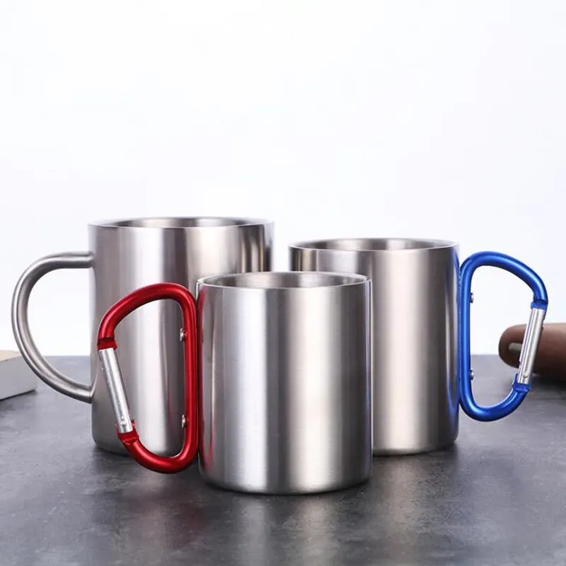 220ml Stainless Steel Outdoor Coffee Mug Double Wall Cup Carabiner Hook Handle Cups Mug