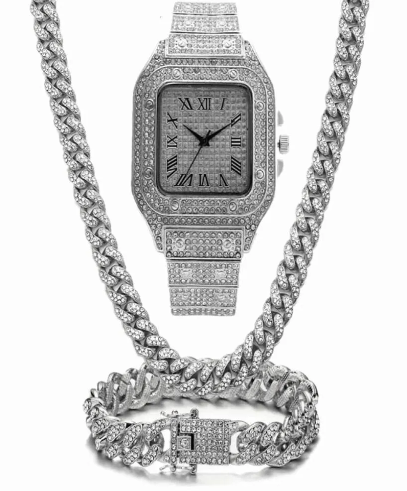 Chaines Chaîne Iced Out Bling Miami Cuban Link Link Rhinestone Watch Colliers Bracelet Femmes Men Bijoux Set Hip Hop Choker4333076