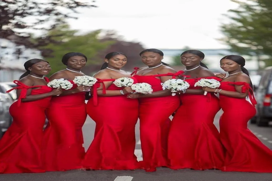 Red African Black Girl Bridesmaid Dresses Mermaid Sexy Off the shoulder Sleeveless Floor Length Satin Plus Size Dress for wed 5859787