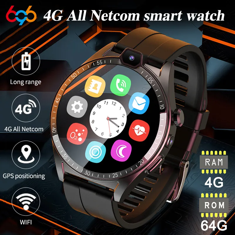 Новый 4G видео -звонок Men Ram 4GB ROM 64GB Smart Watch Dual Camera GPS Wi -Fi Sports Bracelet ID NFC SIM -карта 2023 Smart Wwatch