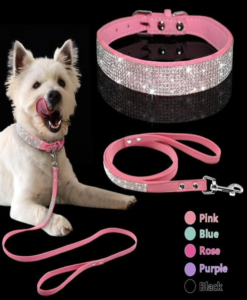 Adjustable Suede Leather Puppy Dog Collar Leash Set Soft Rhinestone Small Medium Dogs Cats Collars Walking Leashes Pink Xs S M8920712