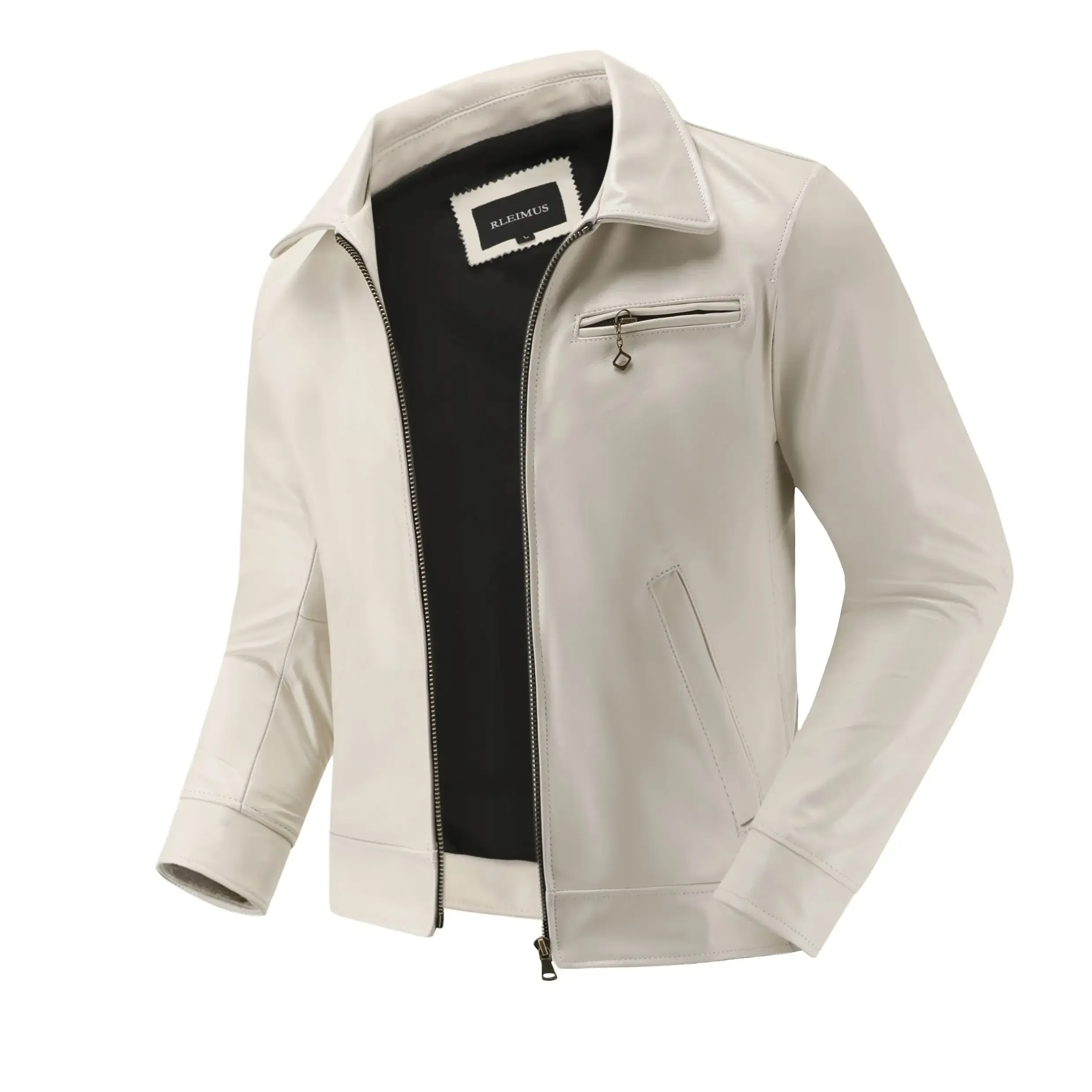 Cowhide Leather Slim Fit White Motorcycle Jacket with Zipper 