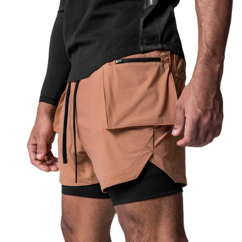 Muscle Gym Gym Running Shorts de bolsillo múltiple 2in1 Pantalones cortos al aire libre Fitness Quick Basketball Shorts 240409