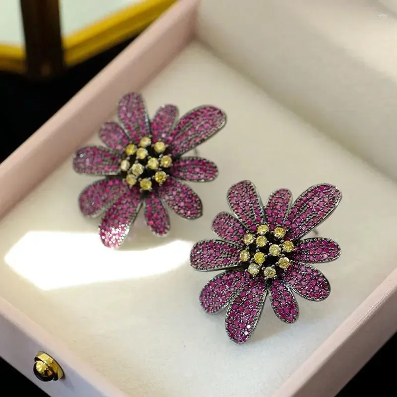 Kolczyki Dangle Fushia Green Flower Stud for Women Cubic Zircon Wedding Party Party Bling Jewelry Pendientes Mujer Moda