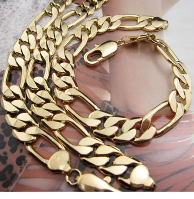 Mens colar de pulseira Cadeia Pesada Solid Solid 18K Gold Amarelo Preenchido 12mm Figaro Link Chain Mens Jewelry Conjunto 236quot86quot8828465