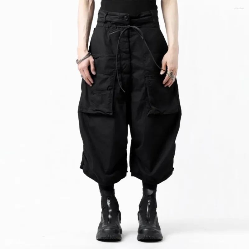 Men's Pants Punk Dark Low Crotch Loose Techwear Black Multi-Pocket Cropped Samurai Summer Men And Women