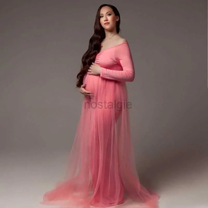 Maternity Dresses Maternity Tulle Maxi Dresses Baby Shower Cotton Trailing Dress Stretchy Pregnant Woman Pink Elegant Photography Dress 24412