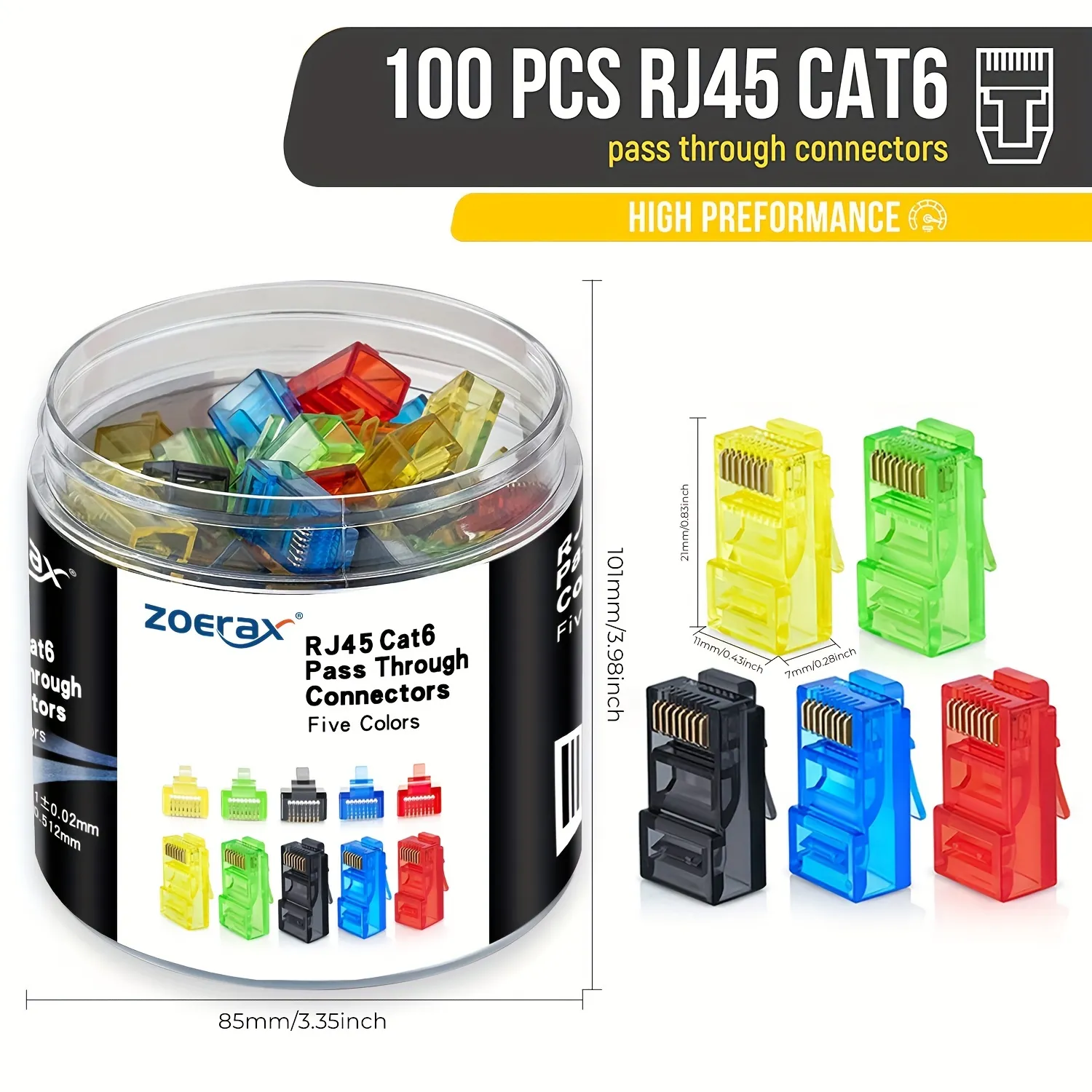 Zoerax 100pcs RJ45 Connecteurs Cat6 passe à travers, couleurs assorties (20pcs / couleurs), EZ pour serrer la bougie modulaire en bouteille