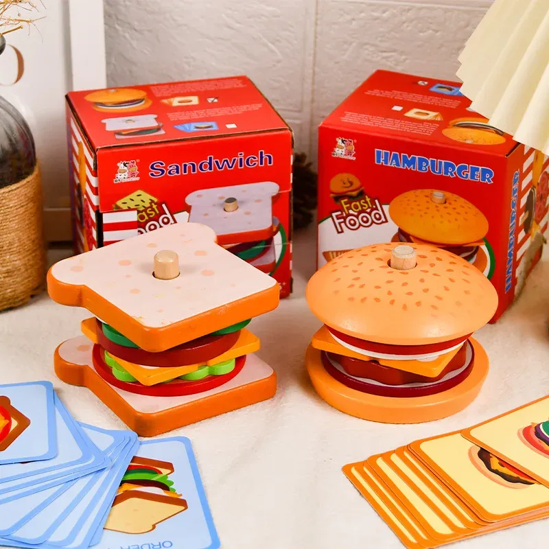 Montessori Toy for Kids, Hamburger Sandwich Fries French Frieding Brinquedos de empilhamento, aprendizado pré -escolar Finja brinquedo de comida