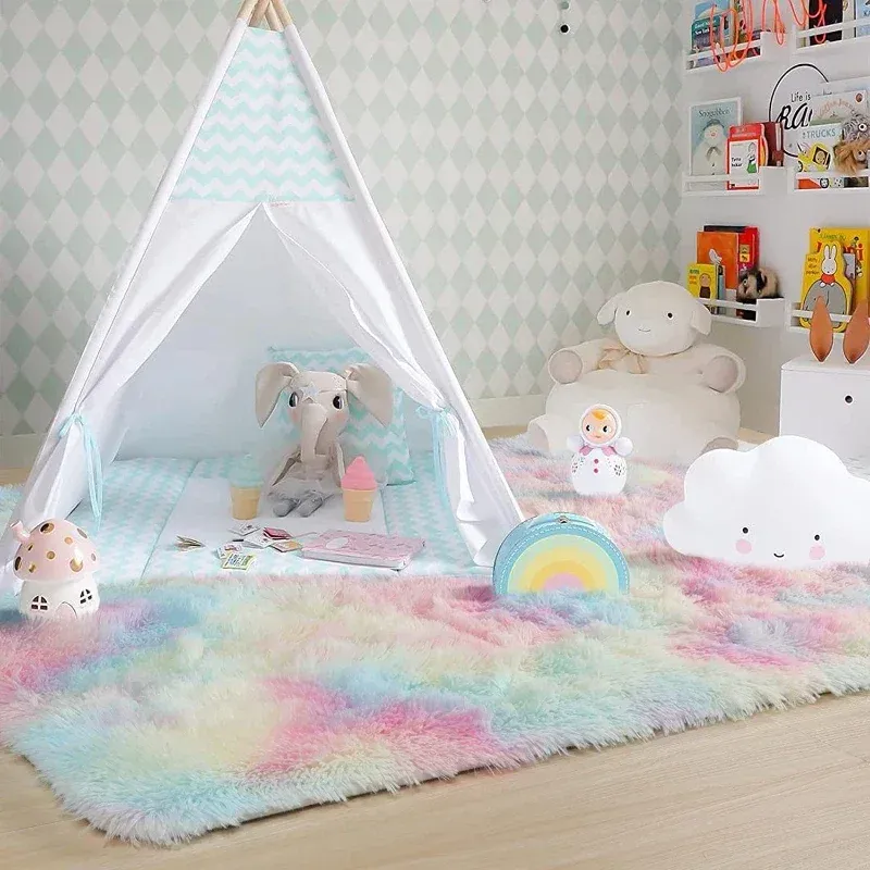 Pluize regenboogtapijten voor meisjes slaapkamer zachte shag tapijten voor tienermeisjes kinderen babykamer kinderkamer speelkamer speelkamer schattig kamer decor gebied kleed