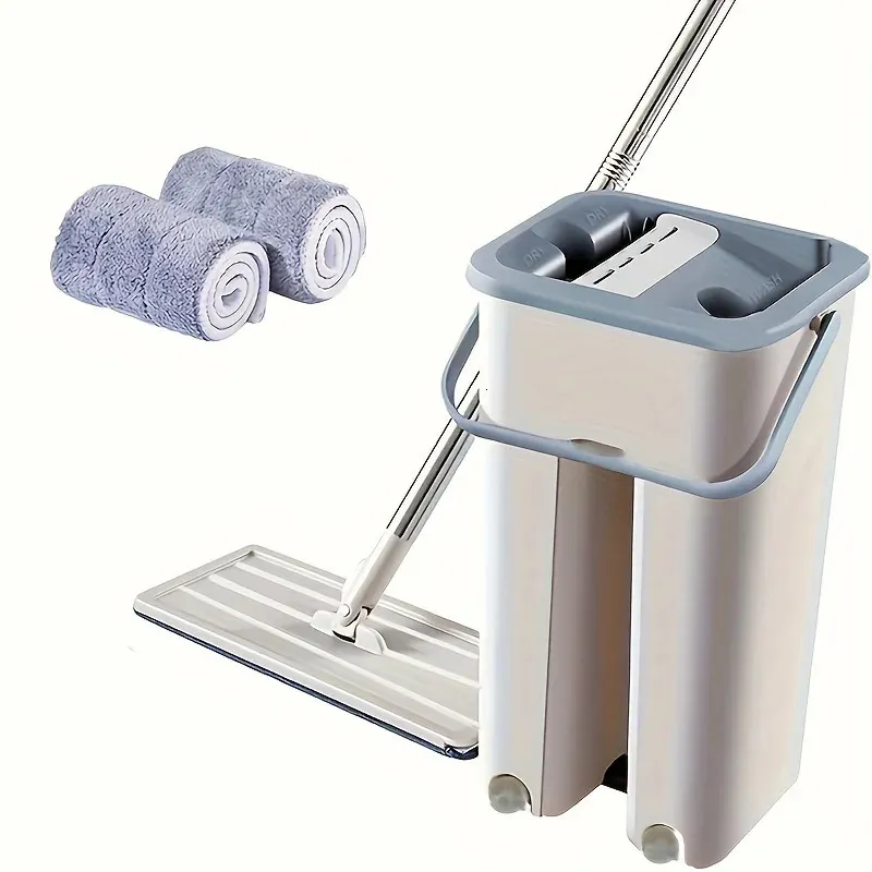 Flat Floor Mop Bucket Set With 2 Microfiber Pads Easy SelfWringing Cleaning Wet And Dry For Laminate 240412