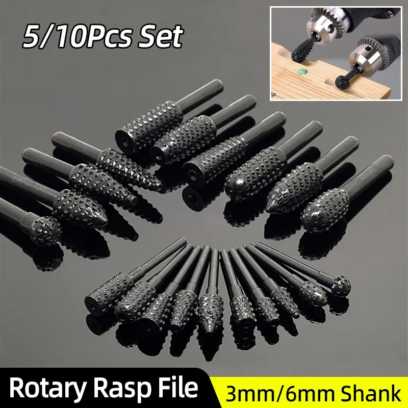 Rotary Rasp Fichier 1/4 "Couche ronde Woodworking Milling Cutter Burr Drill Bit Set Wood Drilling Carving Deburring Grooving Tools