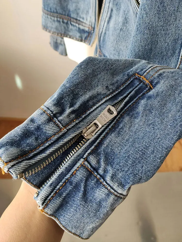 Jaqueta Jeans De Manga Curta Feminina, Estilo Casual De Moto Moto