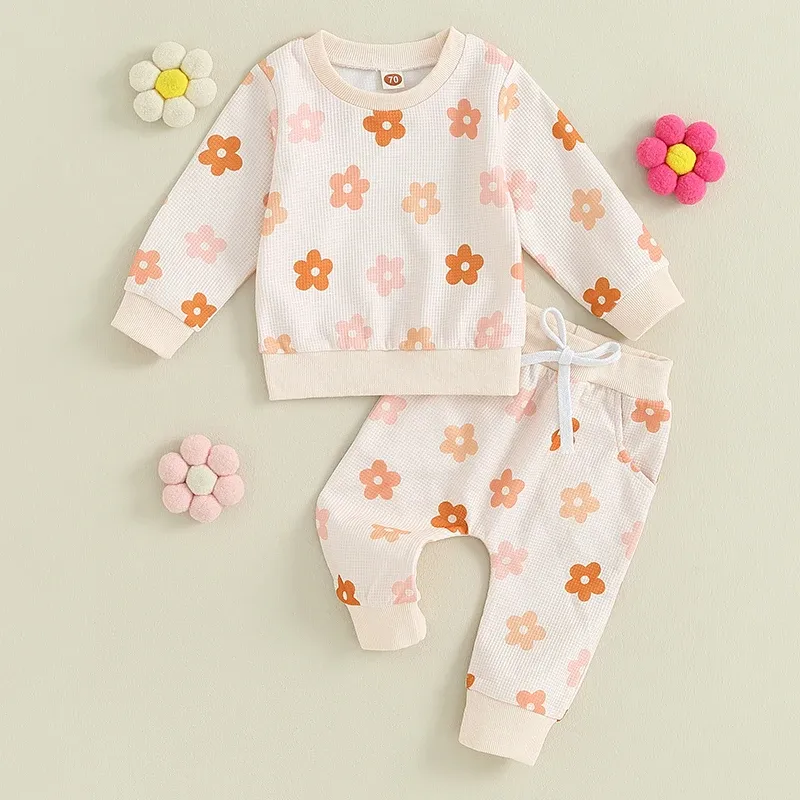 Pantalon nouveau-né pour tout-petit fille printemps à manches longues de vêtements à manches longues d'automne tops à imprimé élastique pantalon 2 pcs