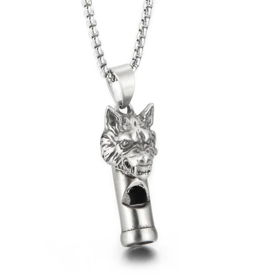 Gothic Wolf Head Whistle Necklace Pendant Casting Stainless Steel Rolo Chain Jewelry For Mens Boys Cool Gifts 3mm 24 Inch3011392