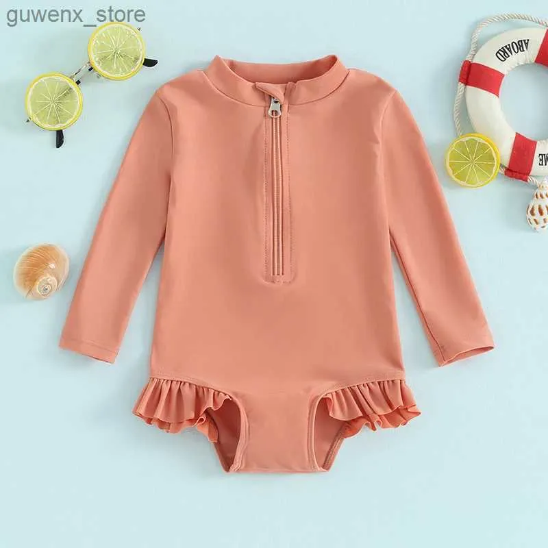 One-Pieces 3M-4T Toddler Girl Rash Guard Swimsuit Jumpsuit Long Sleeved Solid Color Ruffled Edge Half Zip ChildrenS Swimsuit Y240412