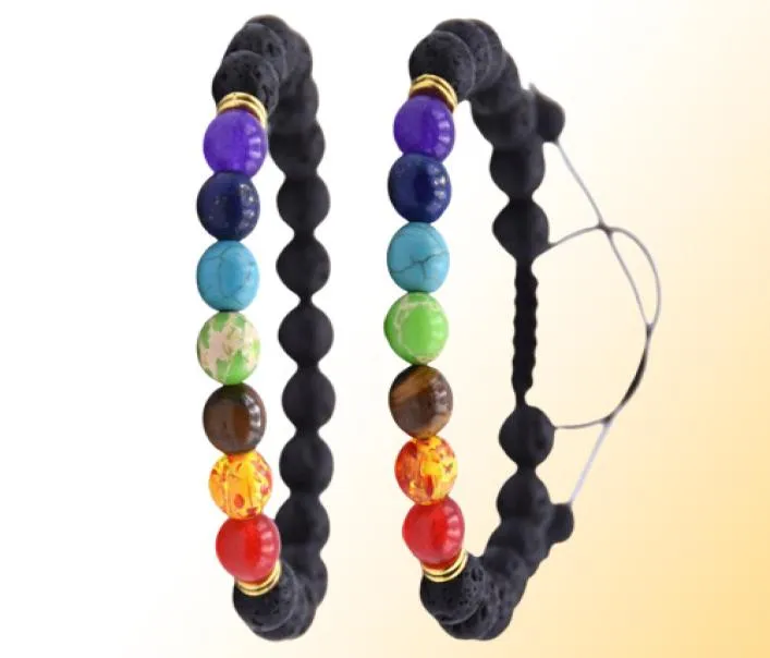 2019 10pclot Novo 7 Chakra Bracelet Men Black Lava Balance Balance Minchas Reiki Buda Praça de Pedra Natura