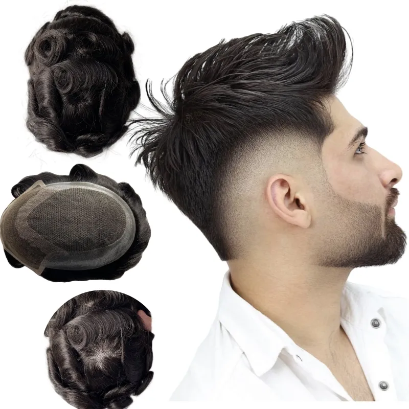 ヨーロッパのバージンヒューマンヘアヘアピースブラックカラーOct Toupee 6x8フロントレース白人男性用PUユニット