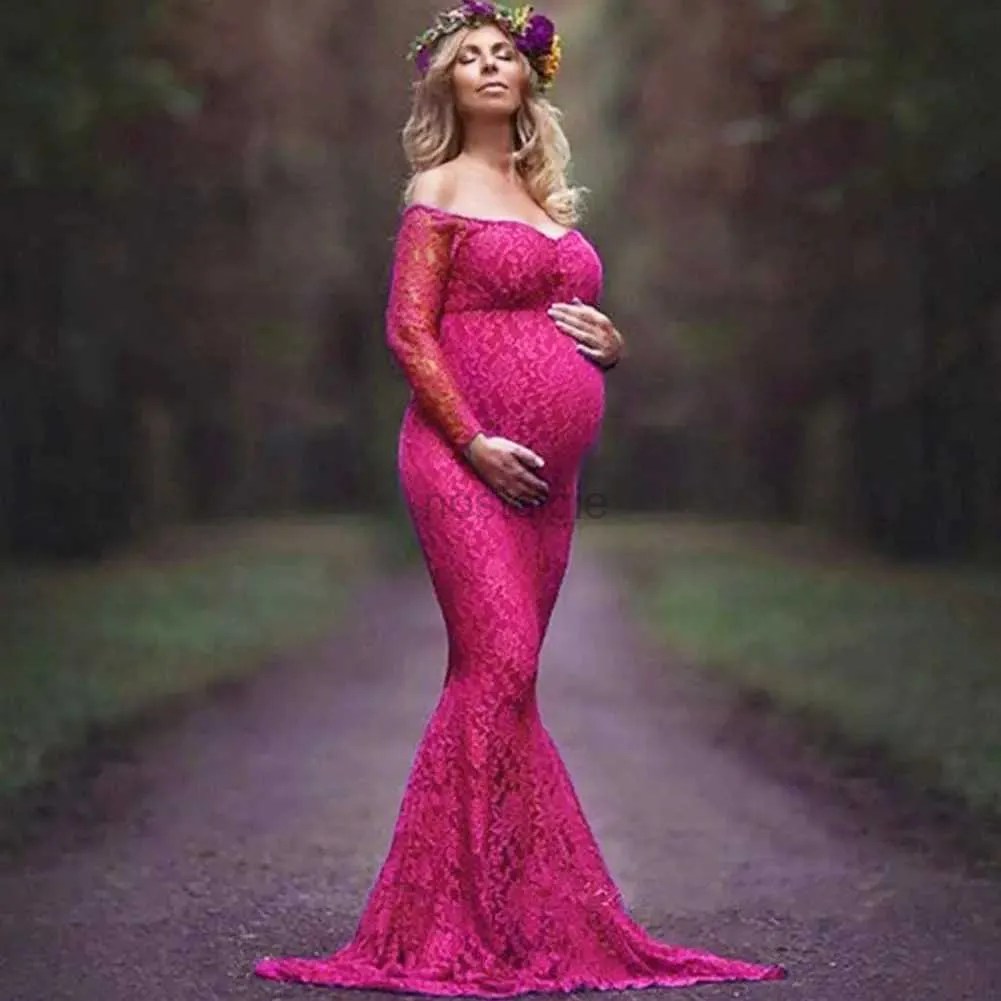 Maternity Dresses Women Ruched Floral Lace Maternity Photography Prop Long Sleeve Maxi Dress Fancy Wedding Pregnancy Gown Baby Shower Photoshoot 24412