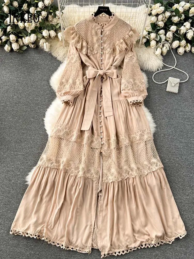 Casual Dresses Luxury Elegant Lace Patchwork Maxi Dress For Women 2024 Collection Solid Lantern Sashes Sleeve Long Shirt Summer 4D019