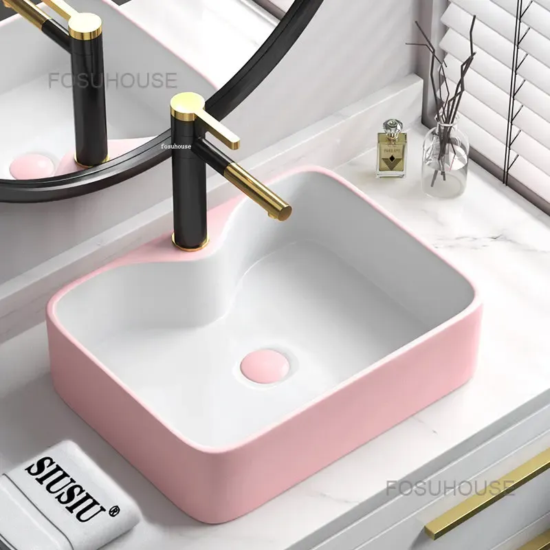 Pembe Washbasin Dikdörtgen Banyo Lavabolar Ev Tek Havzası Küçük Boyut Dairesel Banyo Washbasins İskandinav Mutfak Yıkama Lavaboları