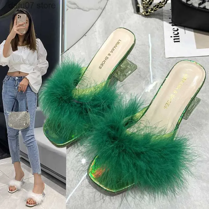 Klänningskor 2022 Spring New Wine Cup Heel Square Head Open Toe Fashion Large Size Slippers Womens White Green H240412