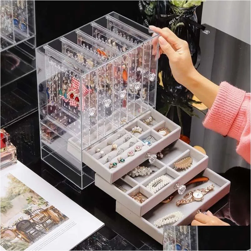 Jewelry Boxes Transparent Box Portable Showcase Large Capacity Rings Display Necklace Earring Storage Dustproof Case Drop Delivery Pa Dhnni